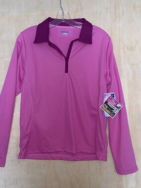 Jerzees Long Sleeve Polo Top in Pink with Dark Magenta Collar